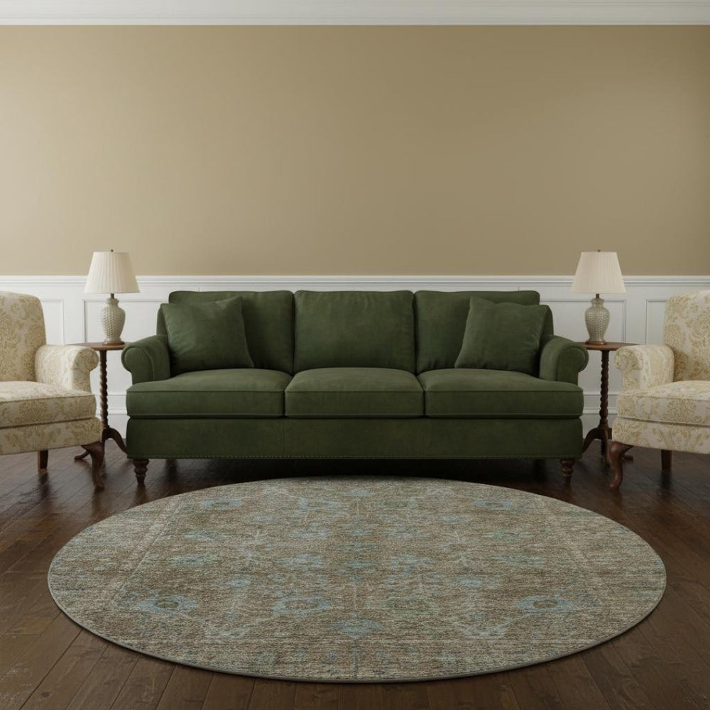 HomeRoots 8' Washable Brown and Blue Oriental Round Rug with UV Protection for Durable, Elegant Living Spaces 684433