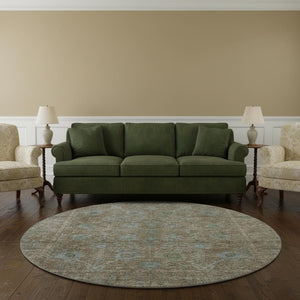 HomeRoots 8' Washable Brown and Blue Oriental Round Rug with UV Protection for Durable, Elegant Living Spaces 684433
