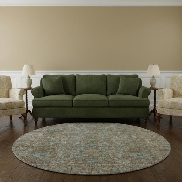 HomeRoots 8' Washable Brown and Blue Oriental Round Rug with UV Protection for Durable, Elegant Living Spaces 684433