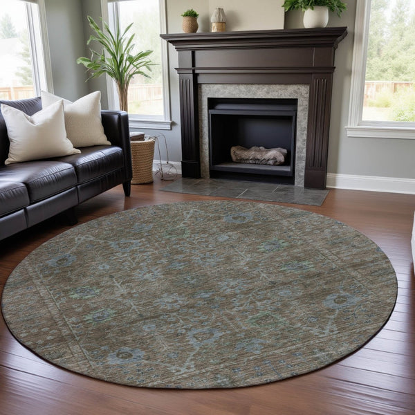 HomeRoots 8' Washable Brown and Blue Oriental Round Rug with UV Protection for Durable, Elegant Living Spaces 684433