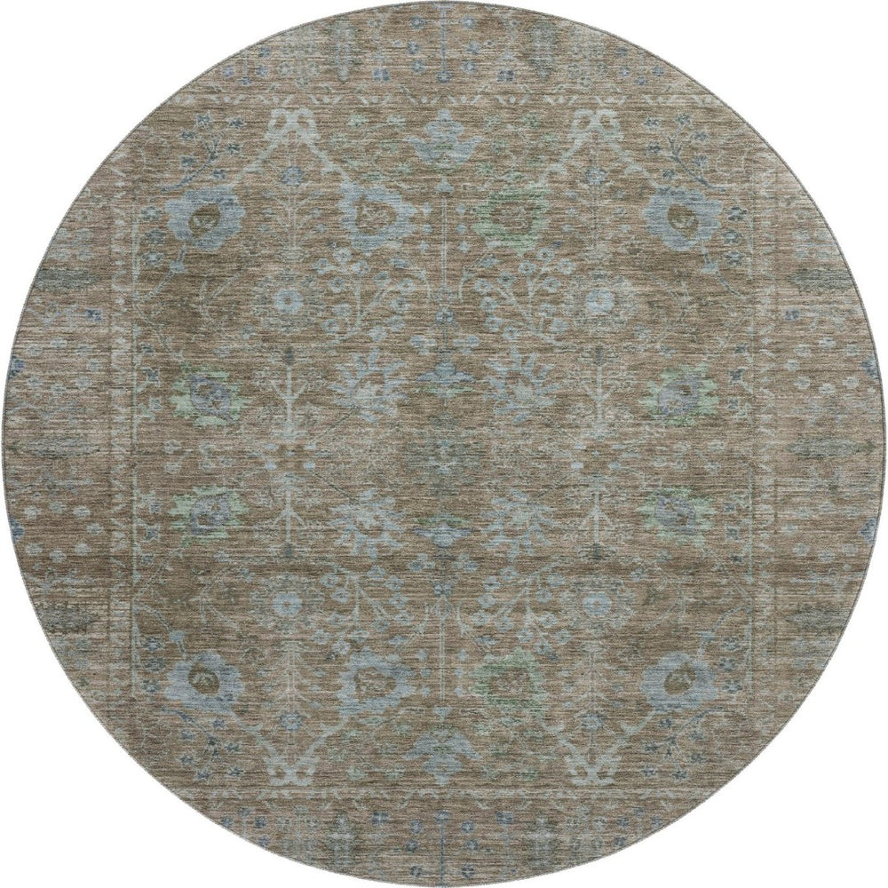 HomeRoots 8' Washable Brown and Blue Oriental Round Rug with UV Protection for Durable, Elegant Living Spaces 684433