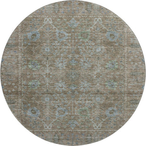 HomeRoots 8' Washable Brown and Blue Oriental Round Rug with UV Protection for Durable, Elegant Living Spaces 684433