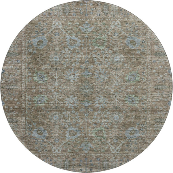 HomeRoots 8' Washable Brown and Blue Oriental Round Rug with UV Protection for Durable, Elegant Living Spaces 684433
