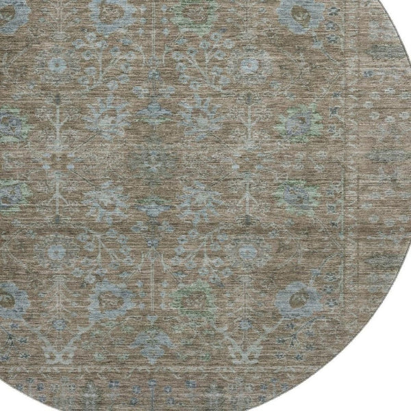 HomeRoots 8' Washable Brown and Blue Oriental Round Rug with UV Protection for Durable, Elegant Living Spaces 684433