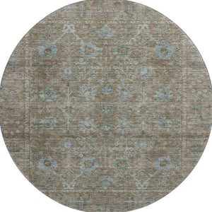 HomeRoots 8' Washable Brown and Blue Oriental Round Rug with UV Protection for Durable, Elegant Living Spaces 684433