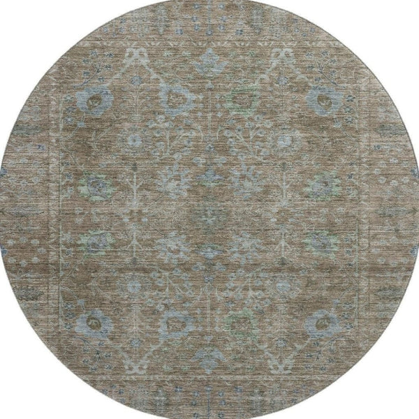 HomeRoots 8' Washable Brown and Blue Oriental Round Rug with UV Protection for Durable, Elegant Living Spaces 684433