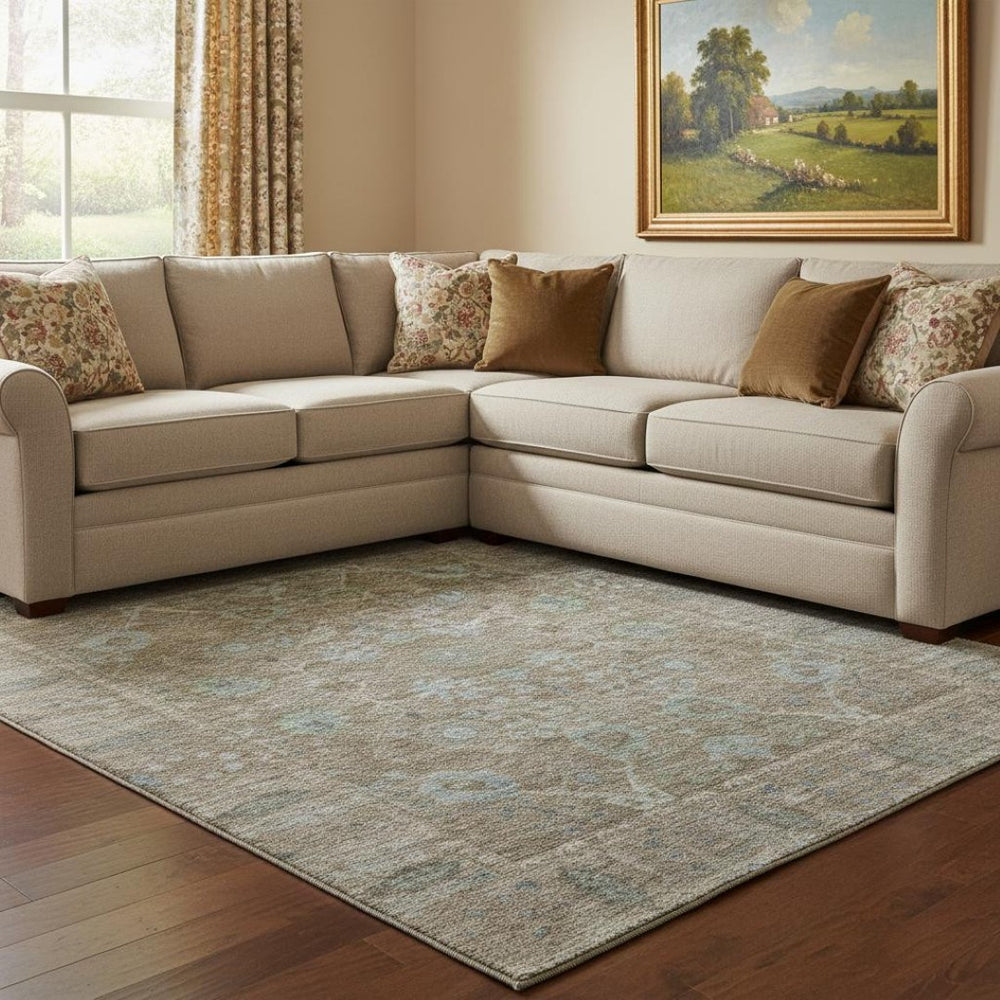 HomeRoots 10' X 14' Brown And Blue Oriental Area Rug - Washable, UV Protected, Durable for High-Traffic Spaces 684436