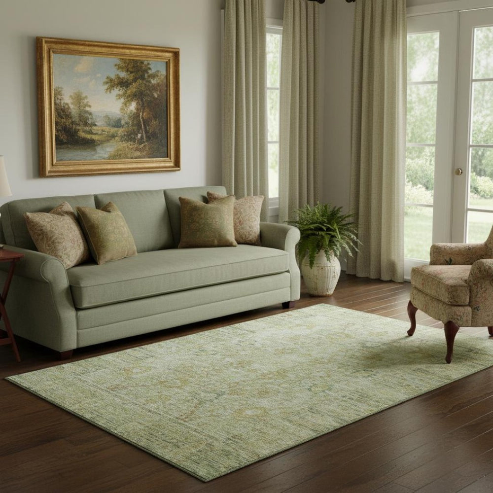 HomeRoots 5' X 8' Sage Gray & Gold Oriental Area Rug - Washable, UV Protected, Stain Resistant for Homes 684438