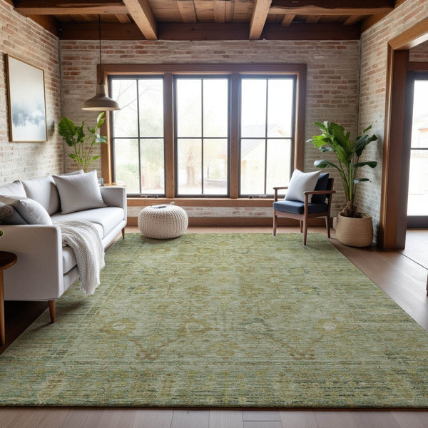 HomeRoots 5' X 8' Sage Gray & Gold Oriental Area Rug - Washable, UV Protected, Stain Resistant for Homes 684438