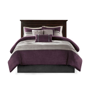 JLA Home Madison Park - 7 Madison Park Palmer Faux Suede Comforter Set – 7-Piece Plush Plum & Grey Microsuede with Embroidered Pillows, Machine Washable MP10-305