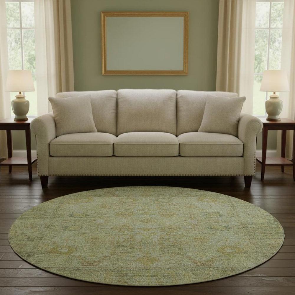 HomeRoots 8' Elegant Sage Gray and Gold Washable Round Rug with UV Protection - Durable, Stain Resistant, Stylish! 684439