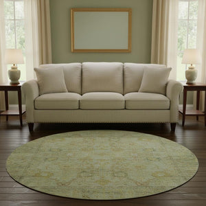 HomeRoots 8' Elegant Sage Gray and Gold Washable Round Rug with UV Protection - Durable, Stain Resistant, Stylish! 684439