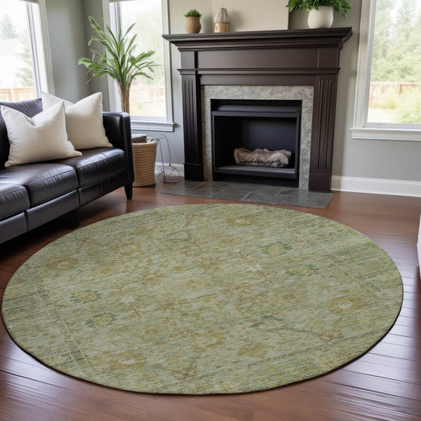 HomeRoots 8' Elegant Sage Gray and Gold Washable Round Rug with UV Protection - Durable, Stain Resistant, Stylish! 684439
