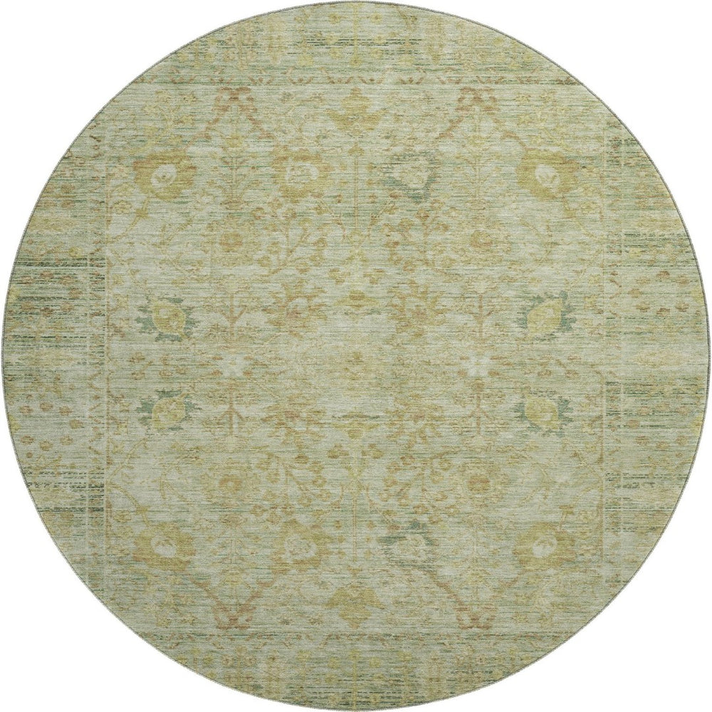 HomeRoots 8' Elegant Sage Gray and Gold Washable Round Rug with UV Protection - Durable, Stain Resistant, Stylish! 684439