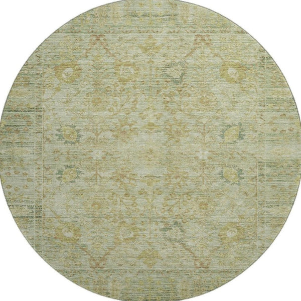 HomeRoots 8' Elegant Sage Gray and Gold Washable Round Rug with UV Protection - Durable, Stain Resistant, Stylish! 684439
