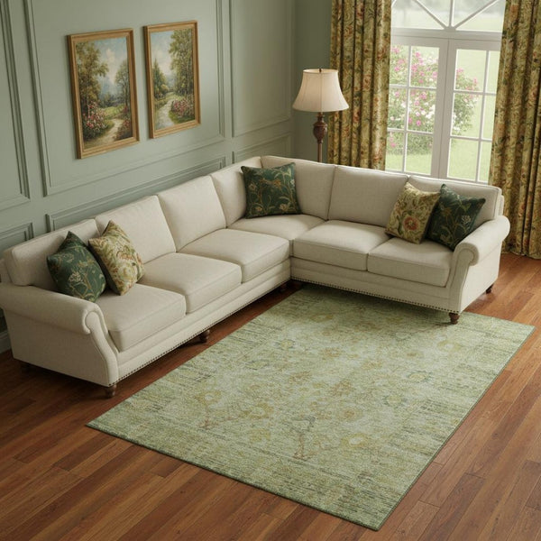 HomeRoots 9' X 12' Sage Gray Gold Oriental Area Rug - Washable, UV Protected, Stain Resistant, Versatile Decor 684441
