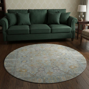 HomeRoots 8' Teal and Brown Oriental Round Rug - Washable, UV Protected, Ideal for Busy Homes with Kids & Pets 684445