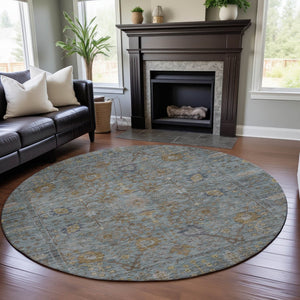 HomeRoots 8' Teal and Brown Oriental Round Rug - Washable, UV Protected, Ideal for Busy Homes with Kids & Pets 684445