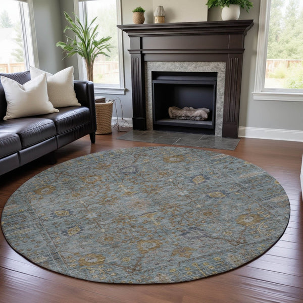 HomeRoots 8' Teal and Brown Oriental Round Rug - Washable, UV Protected, Ideal for Busy Homes with Kids & Pets 684445