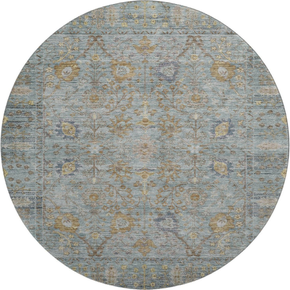 HomeRoots 8' Teal and Brown Oriental Round Rug - Washable, UV Protected, Ideal for Busy Homes with Kids & Pets 684445