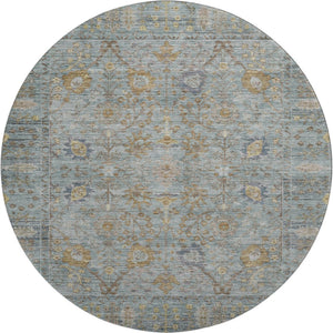 HomeRoots 8' Teal and Brown Oriental Round Rug - Washable, UV Protected, Ideal for Busy Homes with Kids & Pets 684445
