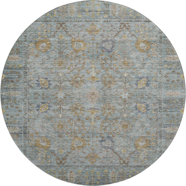 HomeRoots 8' Teal and Brown Oriental Round Rug - Washable, UV Protected, Ideal for Busy Homes with Kids & Pets 684445