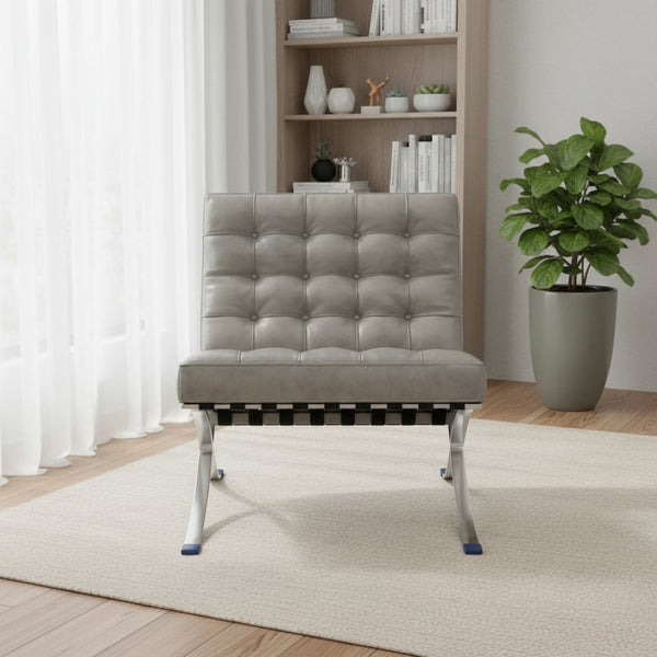 HomeRoots 30" Contemporary Gray Tufted Faux Leather Lounge Chair with Stainless Steel Frame for Versatile Use 684449