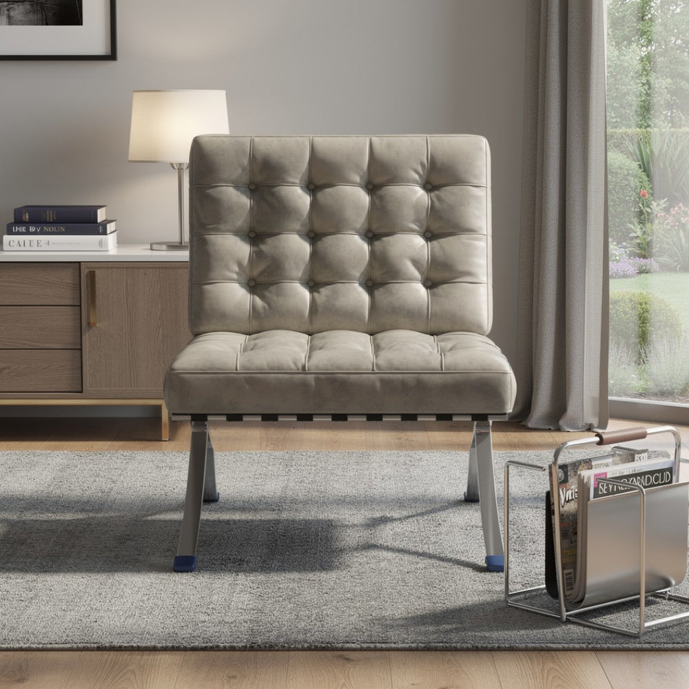 HomeRoots 30" Contemporary Gray Tufted Faux Leather Lounge Chair with Stainless Steel Frame for Versatile Use 684449