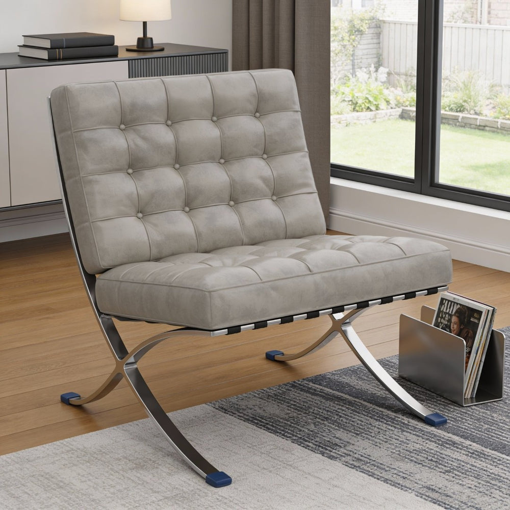 HomeRoots 30" Contemporary Gray Tufted Faux Leather Lounge Chair with Stainless Steel Frame for Versatile Use 684449