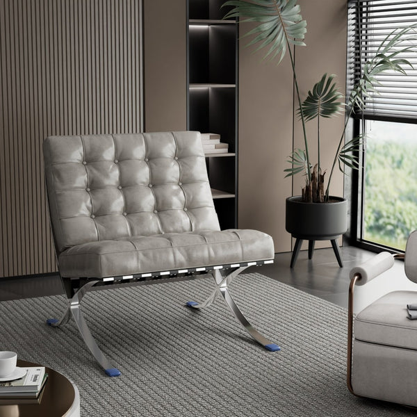 HomeRoots 30" Contemporary Gray Tufted Faux Leather Lounge Chair with Stainless Steel Frame for Versatile Use 684449
