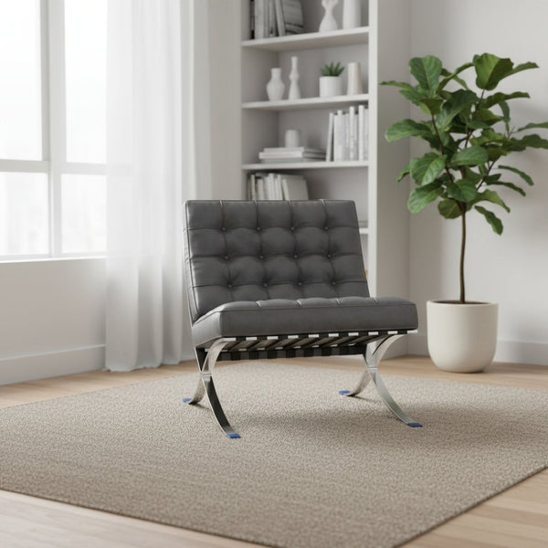 HomeRoots 30" Dark Gray Faux Leather Folding Lounge Chair with Stainless Steel Frame - Modern Accent Seating 684450