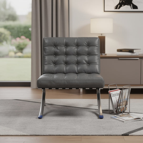 HomeRoots 30" Dark Gray Faux Leather Folding Lounge Chair with Stainless Steel Frame - Modern Accent Seating 684450