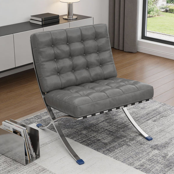 HomeRoots 30" Dark Gray Faux Leather Folding Lounge Chair with Stainless Steel Frame - Modern Accent Seating 684450
