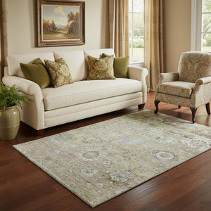 HomeRoots 5' X 8' Washable Area Rug in Beige, Green & Blue Floral Design with UV Protection for Busy Homes 684452