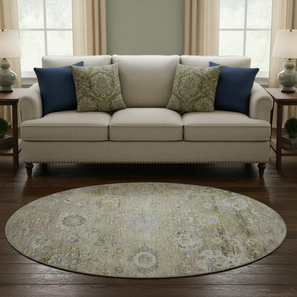 HomeRoots 8' Washable Round Rug in Beige, Green & Blue Floral Design with UV Protection for Busy Homes 684453