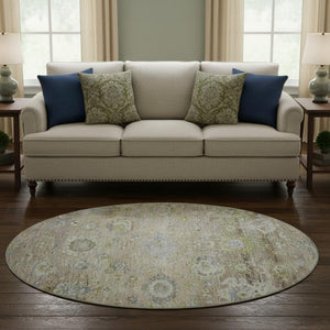 HomeRoots 8' Washable Round Rug in Beige, Green & Blue Floral Design with UV Protection for Busy Homes 684453
