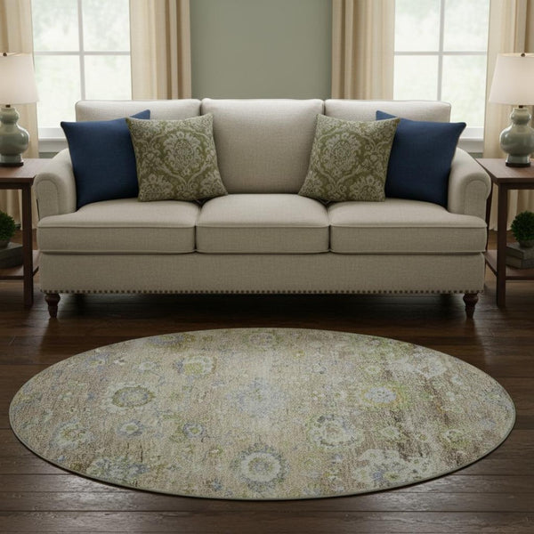HomeRoots 8' Washable Round Rug in Beige, Green & Blue Floral Design with UV Protection for Busy Homes 684453