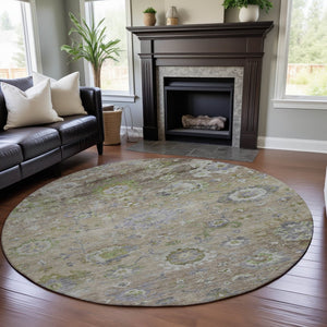 HomeRoots 8' Washable Round Rug in Beige, Green & Blue Floral Design with UV Protection for Busy Homes 684453