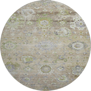 HomeRoots 8' Washable Round Rug in Beige, Green & Blue Floral Design with UV Protection for Busy Homes 684453