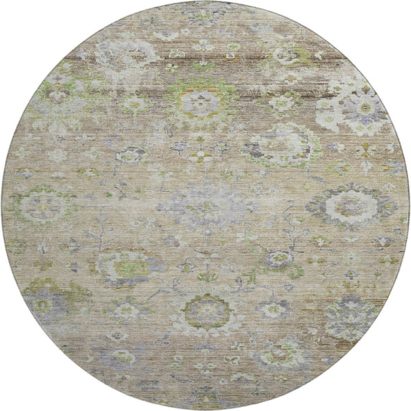 HomeRoots 8' Washable Round Rug in Beige, Green & Blue Floral Design with UV Protection for Busy Homes 684453