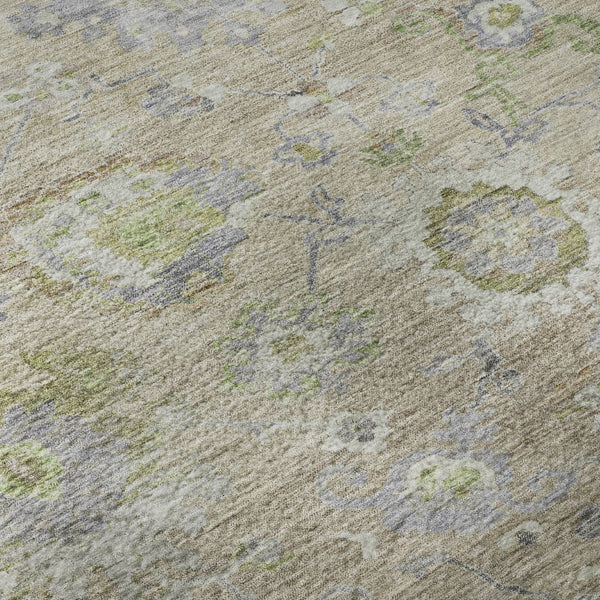 HomeRoots 8' Washable Round Rug in Beige, Green & Blue Floral Design with UV Protection for Busy Homes 684453
