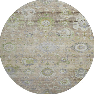 HomeRoots 8' Washable Round Rug in Beige, Green & Blue Floral Design with UV Protection for Busy Homes 684453