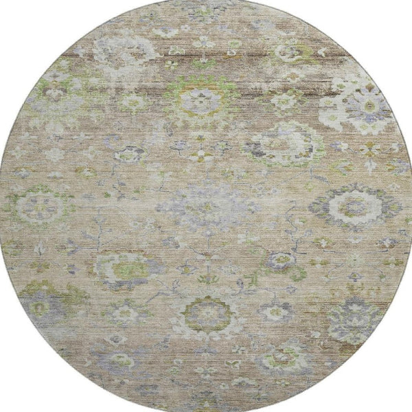 HomeRoots 8' Washable Round Rug in Beige, Green & Blue Floral Design with UV Protection for Busy Homes 684453
