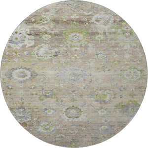 HomeRoots 8' Washable Round Rug in Beige, Green & Blue Floral Design with UV Protection for Busy Homes 684453