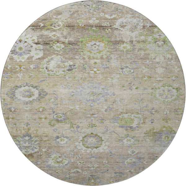 HomeRoots 8' Washable Round Rug in Beige, Green & Blue Floral Design with UV Protection for Busy Homes 684453
