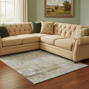 HomeRoots 8' X 10' Floral Washable Area Rug - Beige, Green & Blue, UV Protected, Durable for High-Traffic Homes 684454