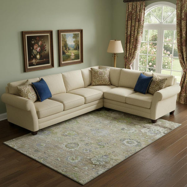 HomeRoots 9' X 12' Floral Area Rug in Beige, Green & Blue – Washable, UV-Protected, Durable for Busy Homes 684455