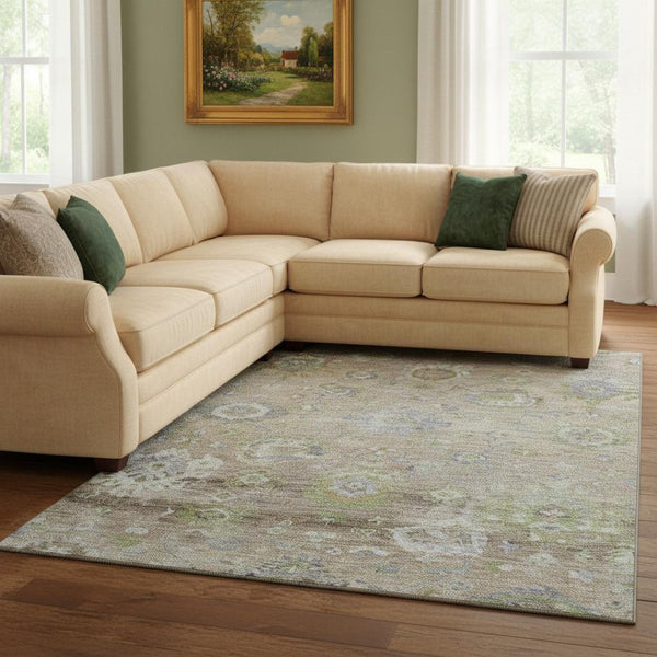 HomeRoots 10' X 14' Washable Floral Area Rug in Beige, Green & Blue - UV Protected, Stain-Resistant Luxury! 684456