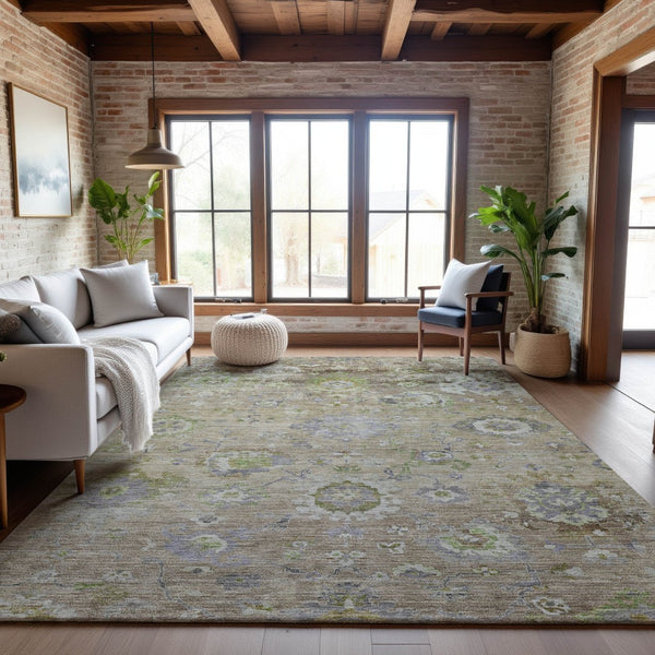 HomeRoots 10' X 14' Washable Floral Area Rug in Beige, Green & Blue - UV Protected, Stain-Resistant Luxury! 684456