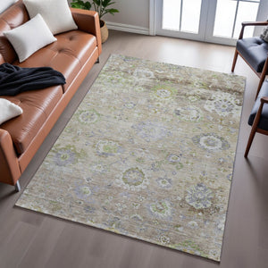 HomeRoots 10' X 14' Washable Floral Area Rug in Beige, Green & Blue - UV Protected, Stain-Resistant Luxury! 684456